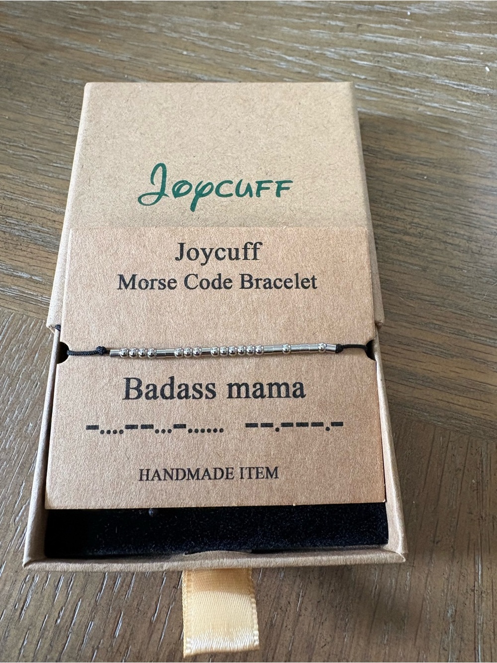 Joycuff Badass Mama Morse Code Bracelet - Silver Beads on Black Cord